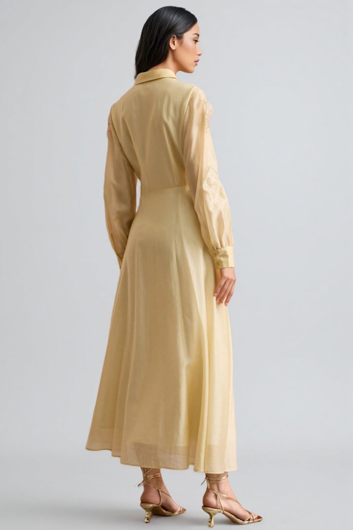 Floral Applique Collared Button Front Sheer Long Sleeve Maxi Shirt Dress 4