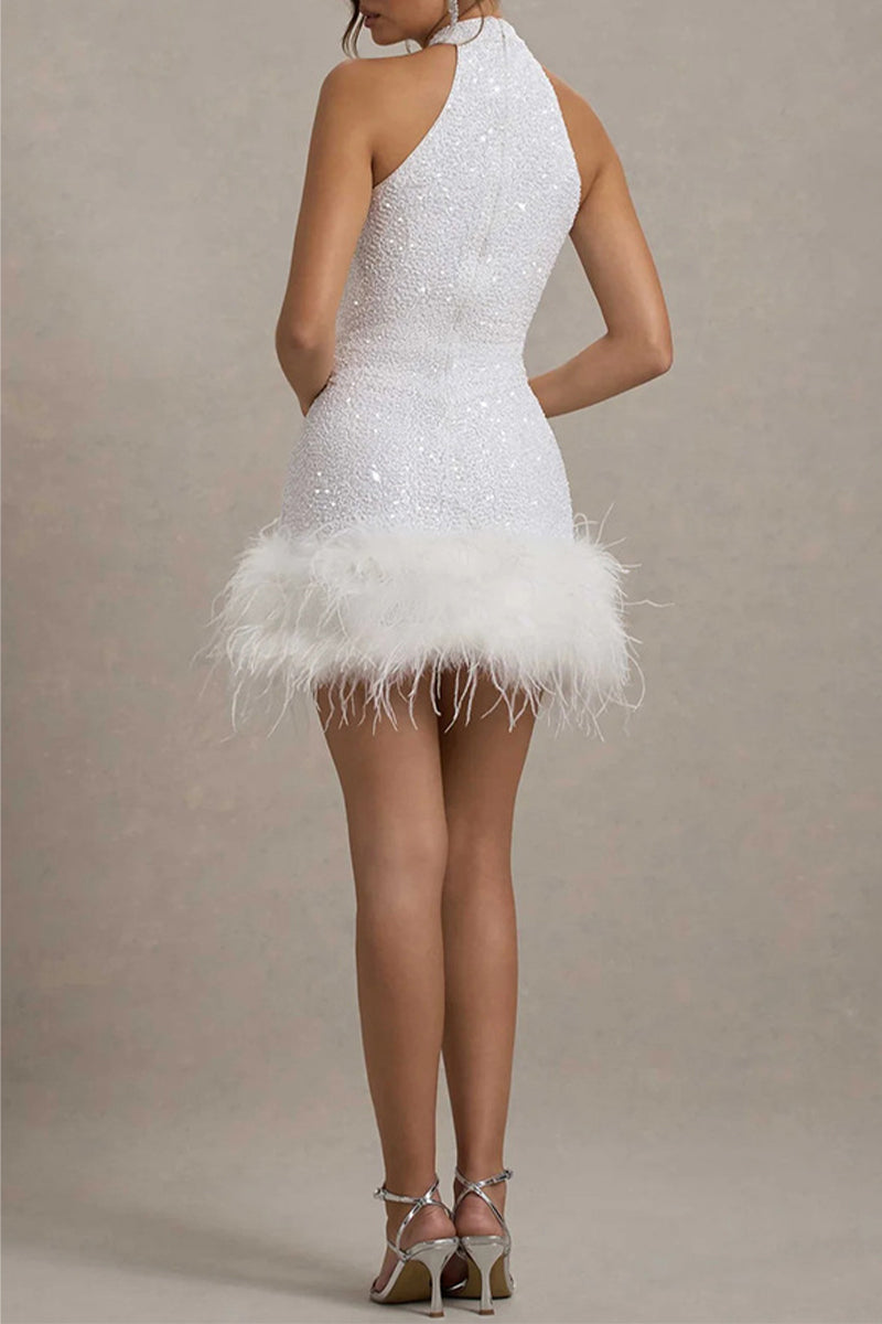 Sequin Halter Neck Feather Trim Bodycon Mini Dress