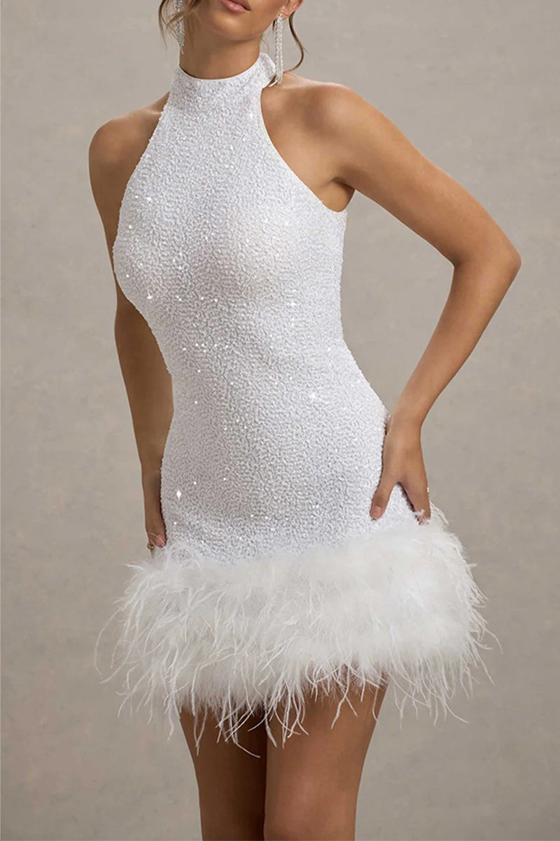 Sequin Halter Neck Feather Trim Bodycon Mini Dress