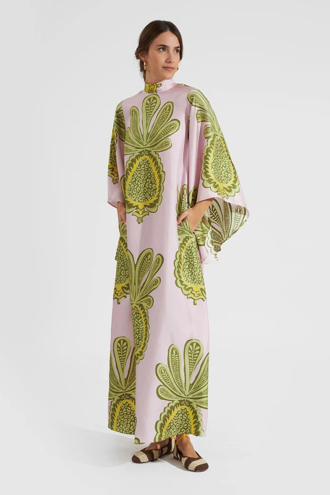 Pineapple Print Kimono Sleeve Tie Neck Kaftan Maxi Dress