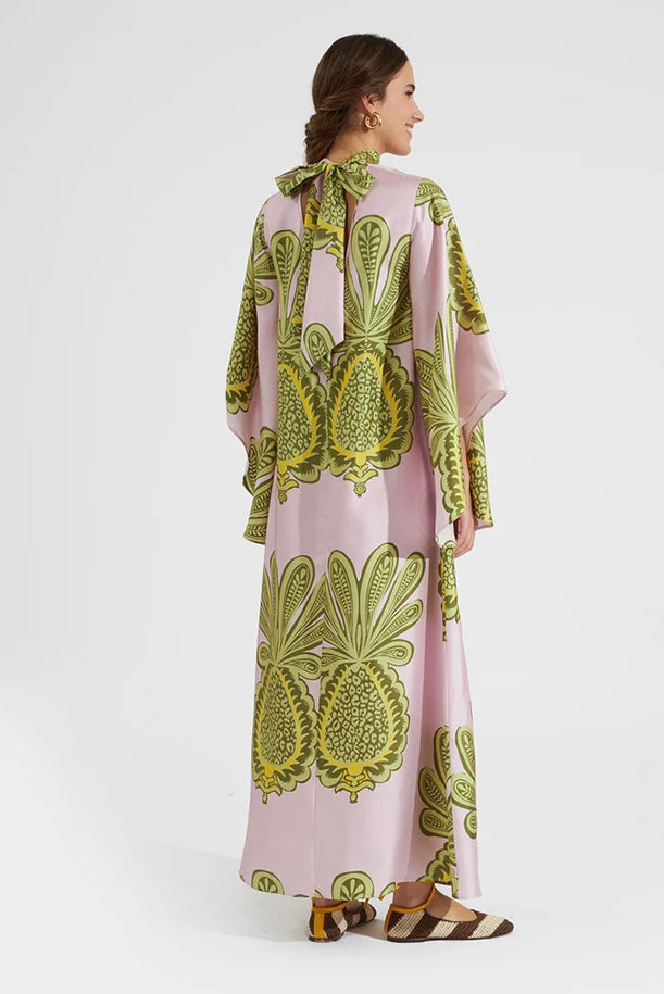 Pineapple Print Kimono Sleeve Tie Neck Kaftan Maxi Dress