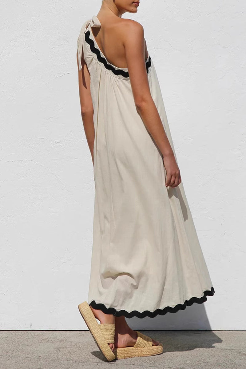 Deep V-Neck Lantern Sleeve Belted High Low Satin Maxi Dress