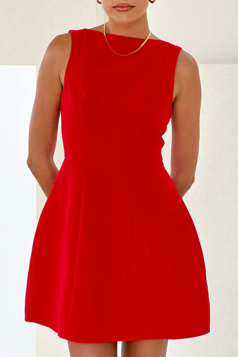 Boat Neck Sleeveless Princess Seam Fit and Flare Mini Dress