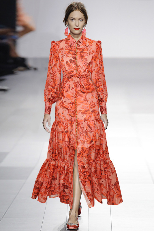 Floral Balloon Sleeve Collar Button Front Tie Waist Tiered Maxi Shirt Dress