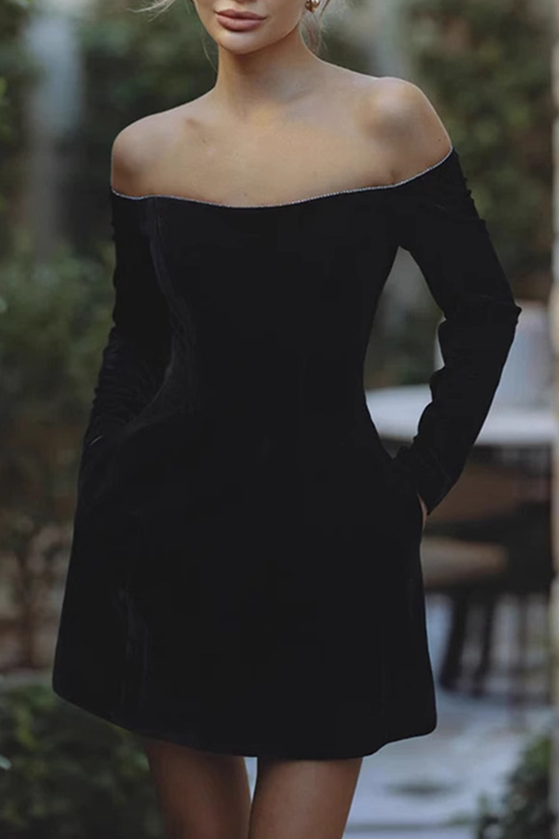 Velvet Off Shoulder Rhinestone Trim Long Sleeve Cocktail Mini Dress