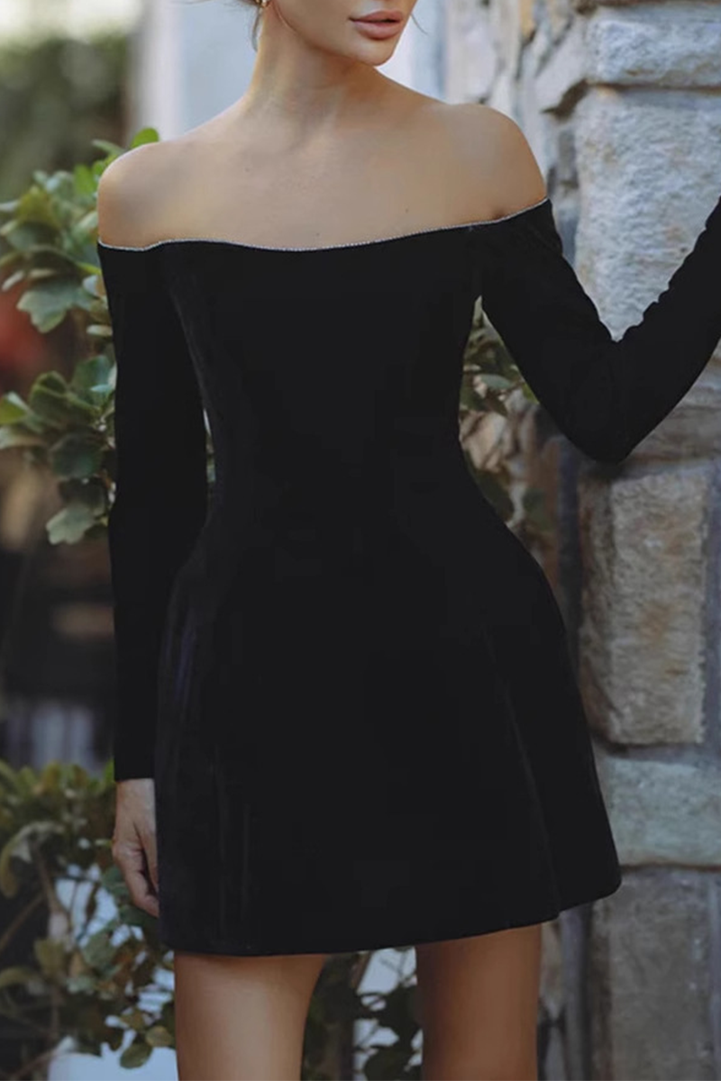 Velvet Off Shoulder Rhinestone Trim Long Sleeve Cocktail Mini Dress
