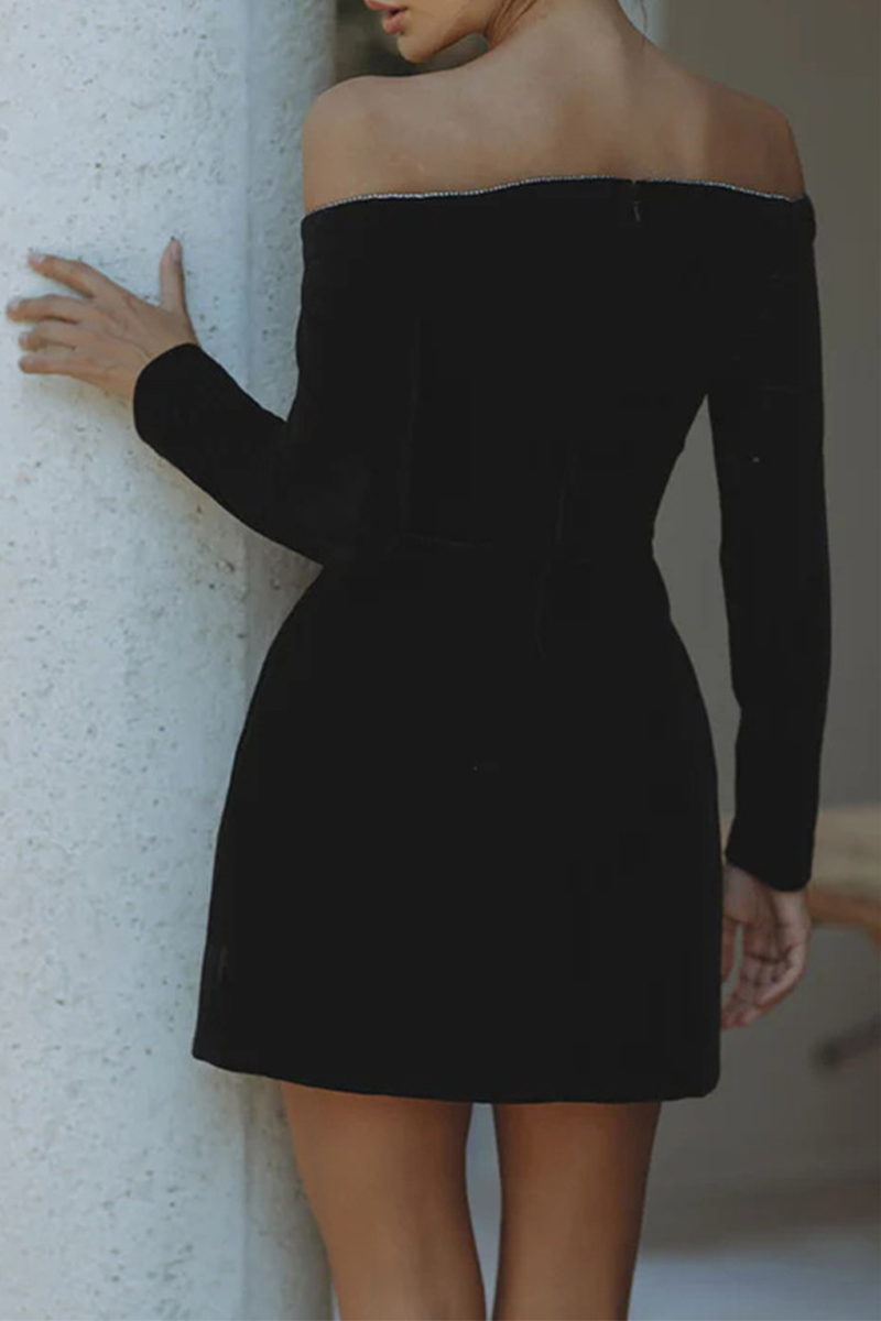 Velvet Off Shoulder Rhinestone Trim Long Sleeve Cocktail Mini Dress