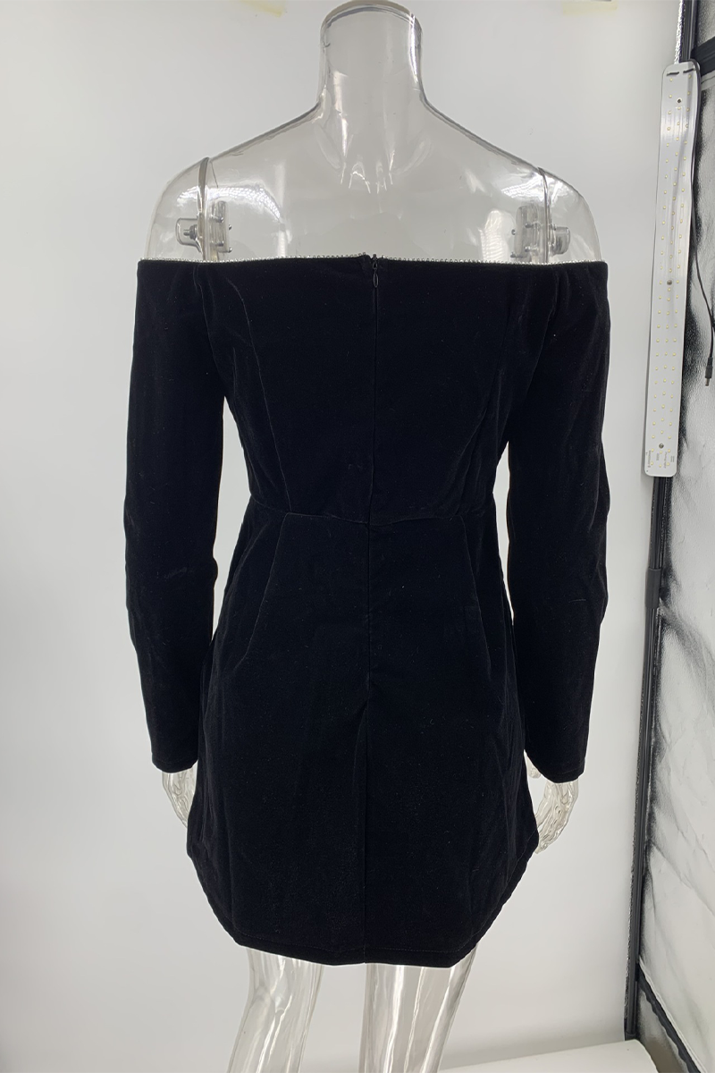 Velvet Off Shoulder Rhinestone Trim Long Sleeve Cocktail Mini Dress