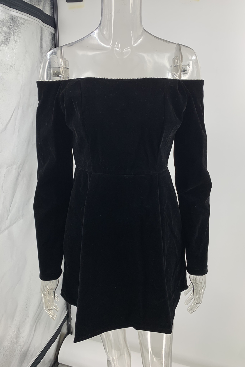 Velvet Off Shoulder Rhinestone Trim Long Sleeve Cocktail Mini Dress