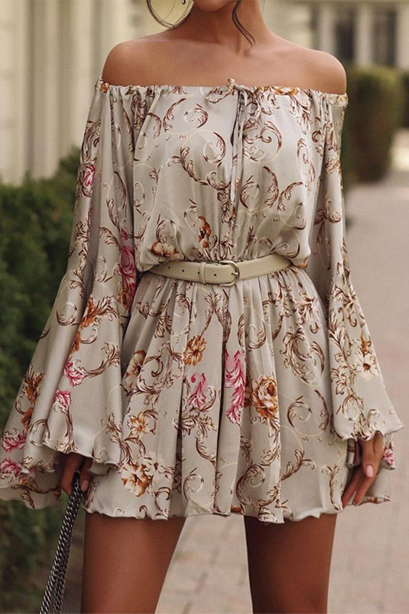 Aranza Effortless Floral Print Off Shoulder Printed Lace Up Vacation Dresses (without Waist Belt) Evening Wear Edit