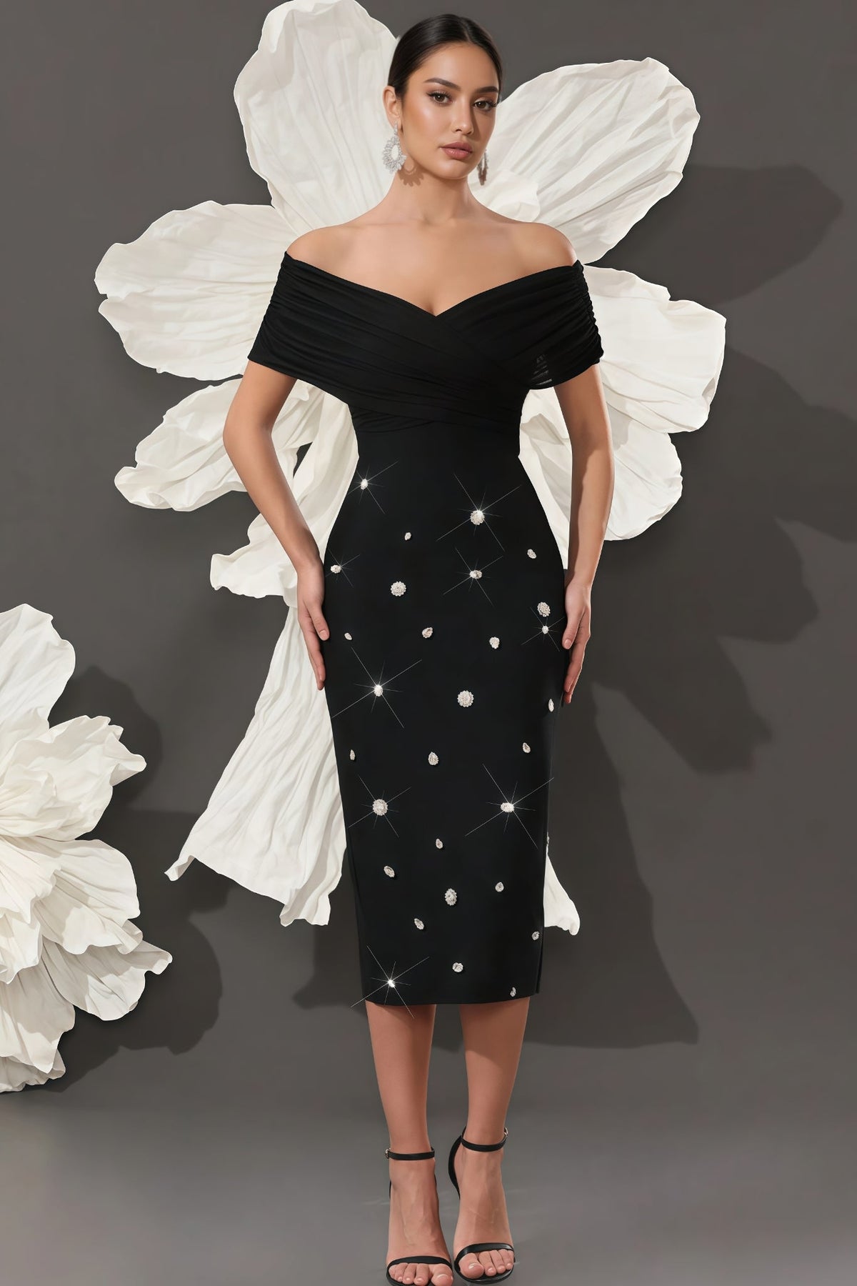 Off Shoulder Ruched Mesh Bodice Rhinestone Studded Bodycon Midi Dress