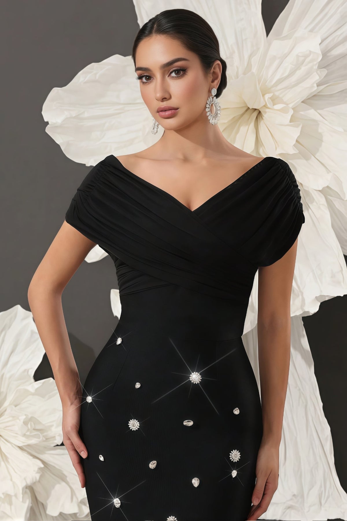 Off Shoulder Ruched Mesh Bodice Rhinestone Studded Bodycon Midi Dress 6