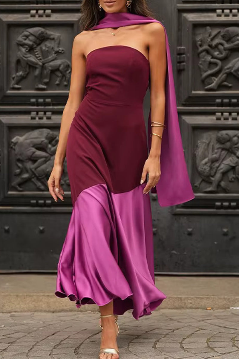 Strapless Color Block Asymmetric Ruffle Hem Maxi Dress
