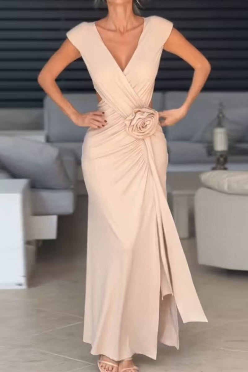 Deep V-Neck Cap Sleeve Ruched Rosette High Split Mermaid Gown