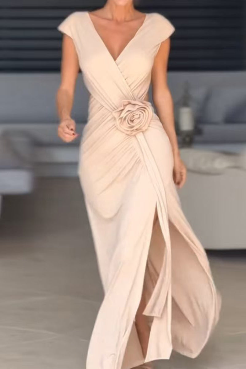 Deep V-Neck Cap Sleeve Ruched Rosette High Split Mermaid Gown