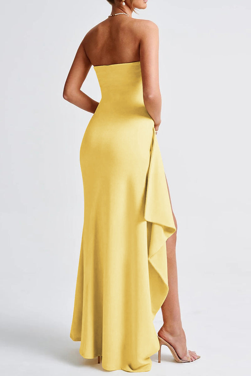 Satin Deep V-Neck Long Sleeve Bodycon Maxi Dress
