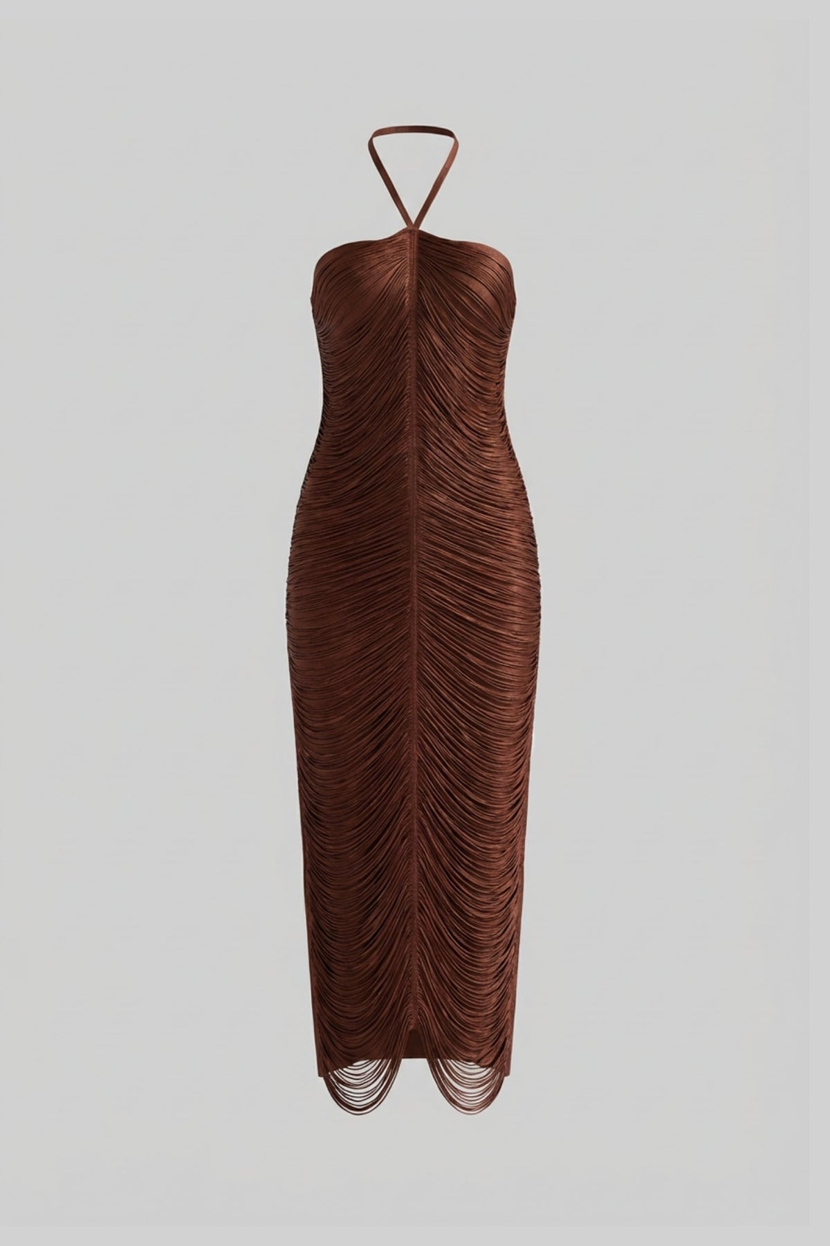 Halter Neck Draped Fringe Strand Bodycon Midi Dress 2