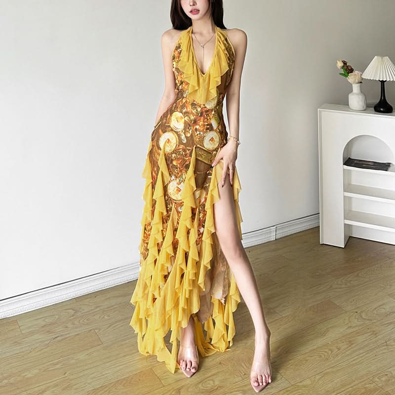 Halter Neck Deep V-Neck Ruffle Mesh Maxi Dress 2