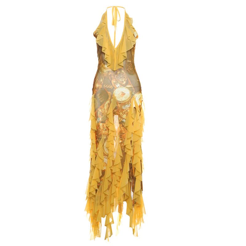 Halter Neck Deep V-Neck Ruffle Mesh Maxi Dress 3