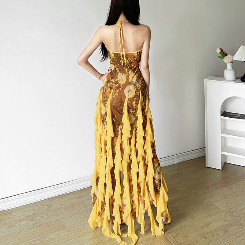 Halter Neck Deep V-Neck Ruffle Mesh Maxi Dress 5
