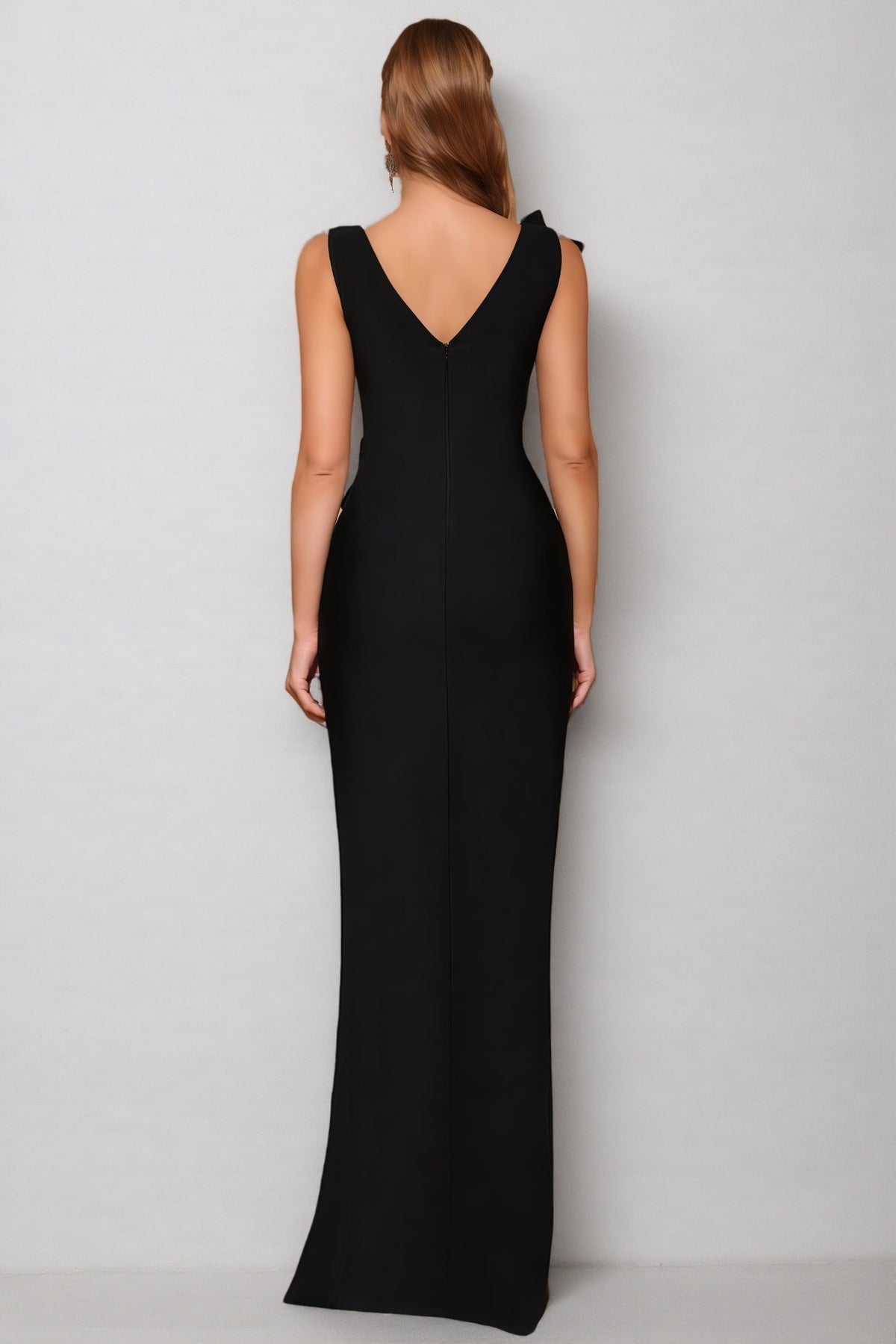 Rhinestone Flower Applique V-Neck Ruched High Split Maxi Dress 6
