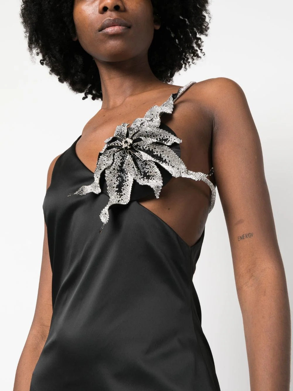 Satin Asymmetric V-Neck Rhinestone Flower Strap Bodycon Mini Dress 6