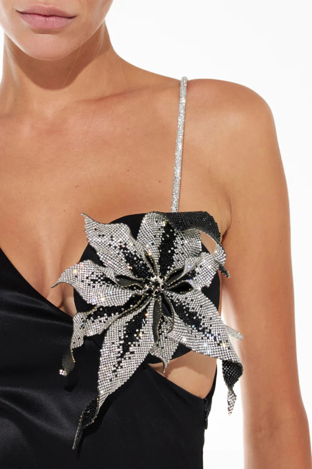 Satin Asymmetric V-Neck Rhinestone Flower Strap Bodycon Mini Dress 2