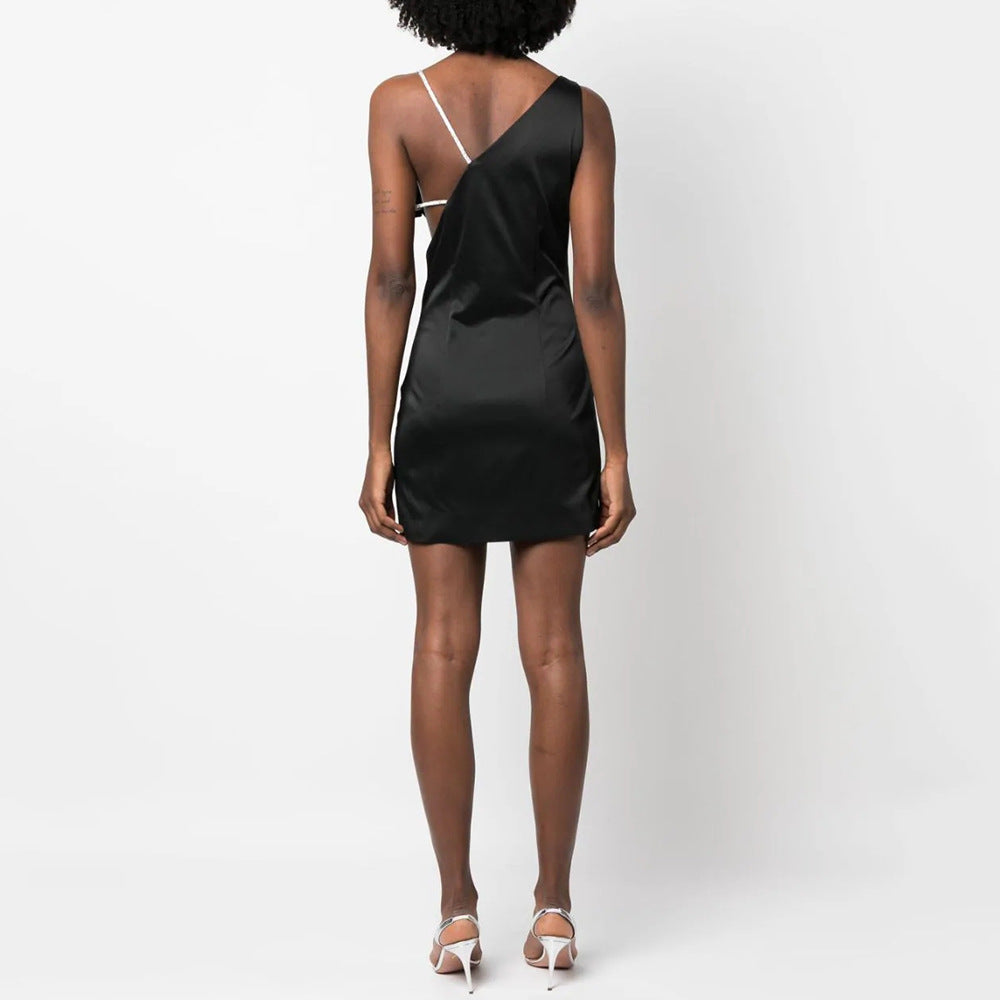 Satin Asymmetric V-Neck Rhinestone Flower Strap Bodycon Mini Dress 9