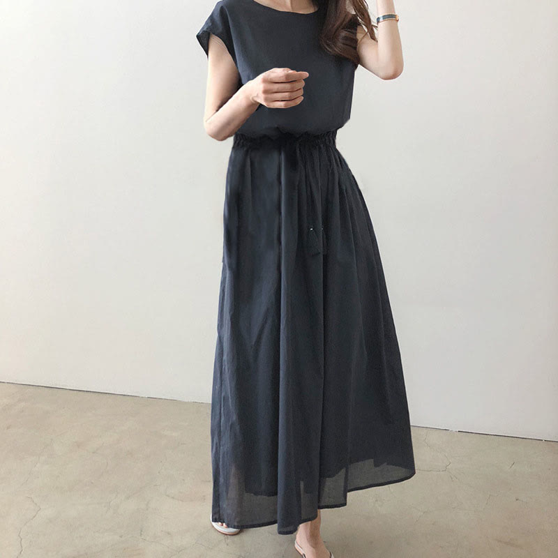 Cap Sleeve Drawstring Waist Linen Look Maxi Dress 7