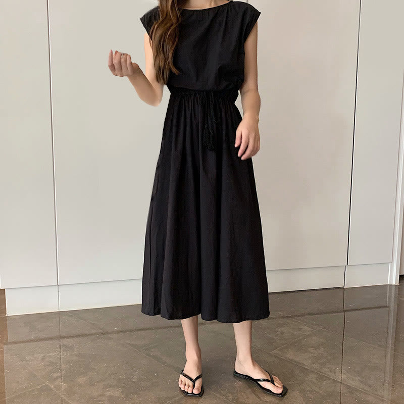 Cap Sleeve Drawstring Waist Linen Look Maxi Dress 4