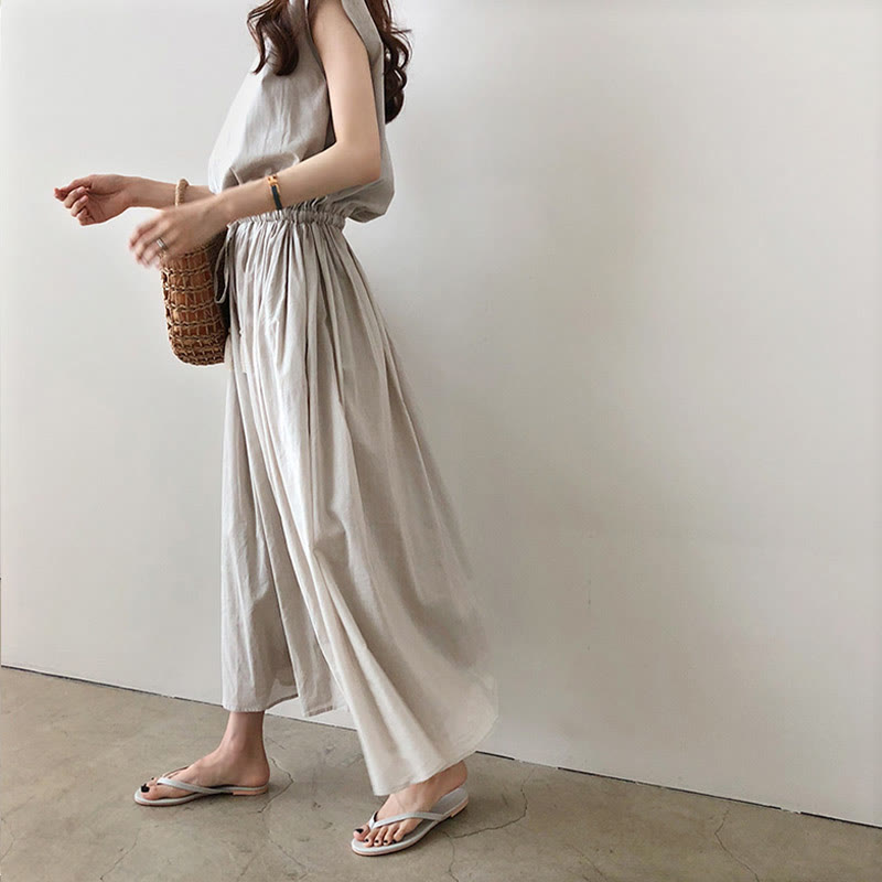 Cap Sleeve Drawstring Waist Linen Look Maxi Dress 2