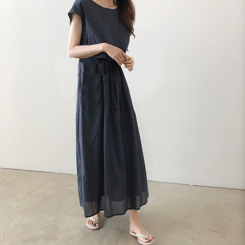 Cap Sleeve Drawstring Waist Linen Look Maxi Dress 25