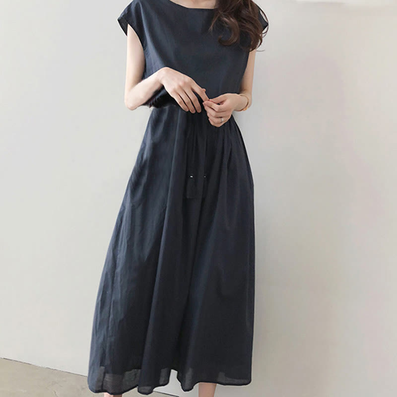 Cap Sleeve Drawstring Waist Linen Look Maxi Dress 8