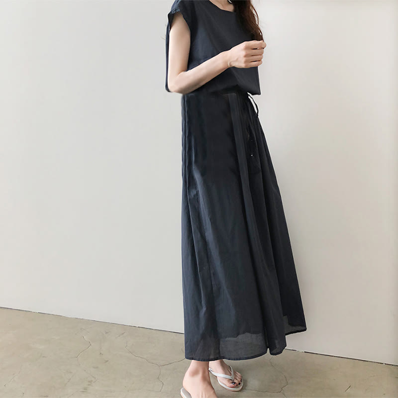 Cap Sleeve Drawstring Waist Linen Look Maxi Dress 27