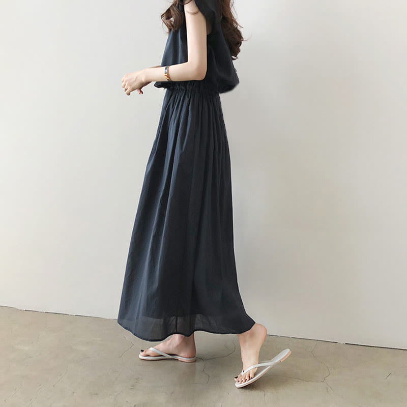 Cap Sleeve Drawstring Waist Linen Look Maxi Dress 26