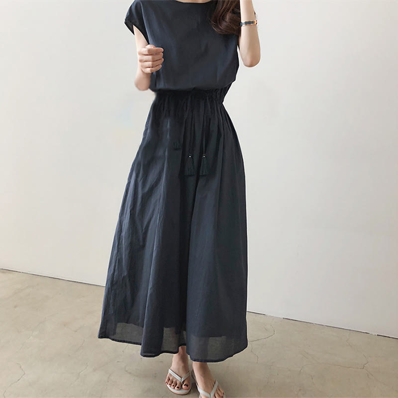 Cap Sleeve Drawstring Waist Linen Look Maxi Dress 24