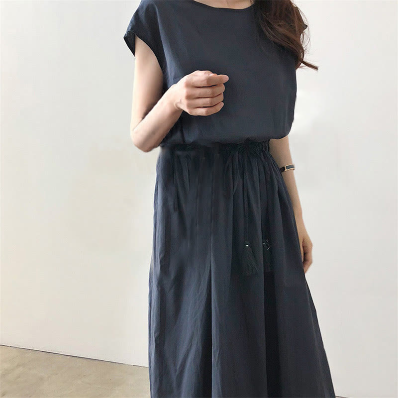 Cap Sleeve Drawstring Waist Linen Look Maxi Dress 28