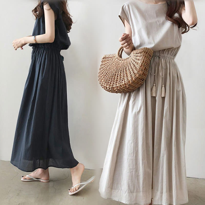 Cap Sleeve Drawstring Waist Linen Look Maxi Dress 22
