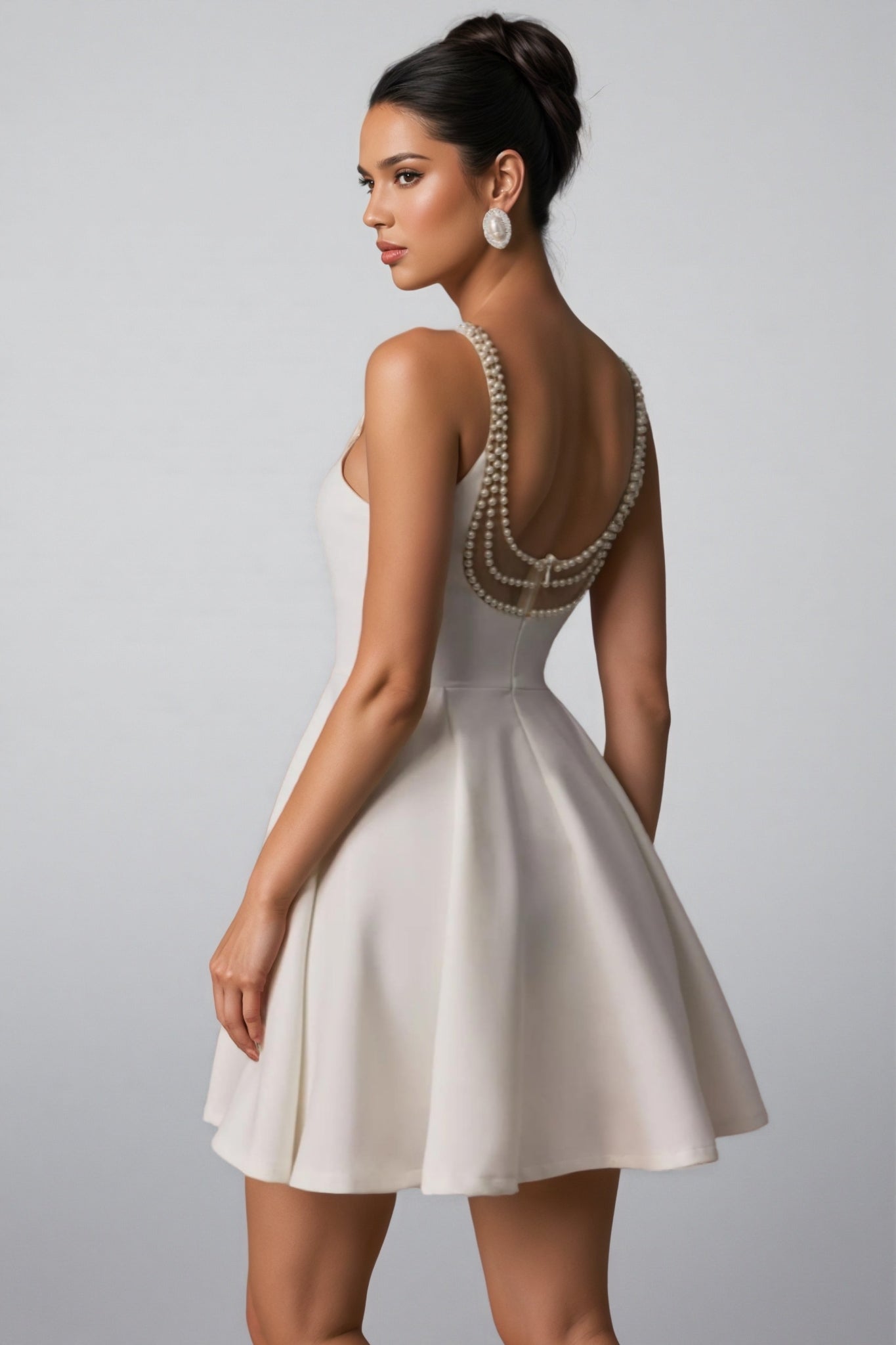 Pearl Embellished Round Neck Sleeveless Fit and Flare Mini Dress