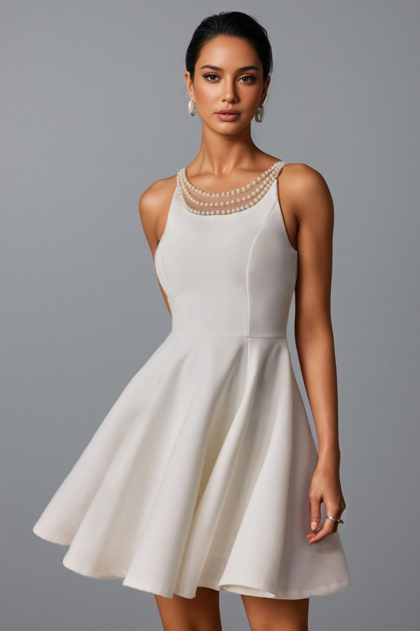 Pearl Embellished Round Neck Sleeveless Fit and Flare Mini Dress