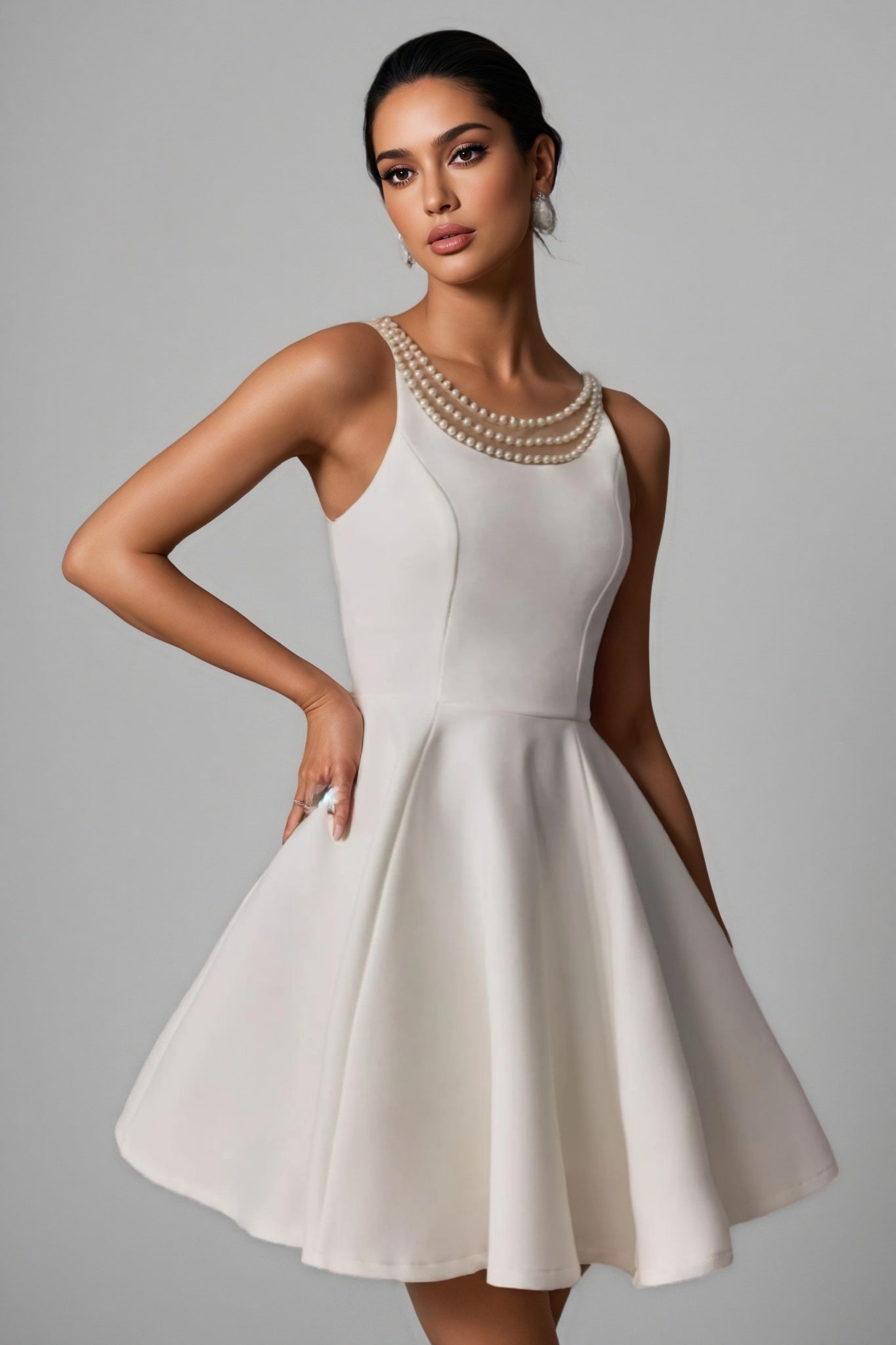 Pearl Embellished Round Neck Sleeveless Fit and Flare Mini Dress
