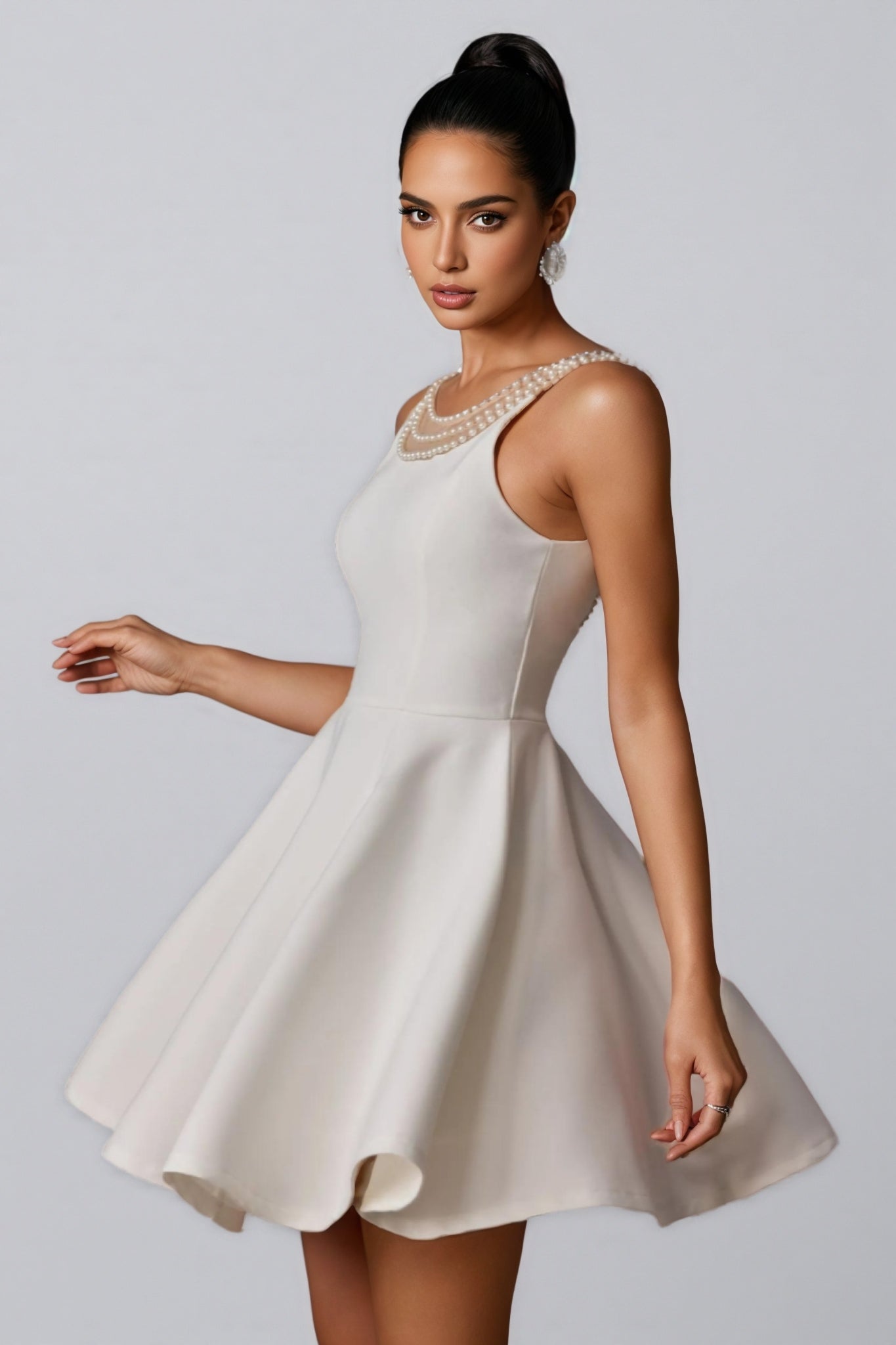 Pearl Embellished Round Neck Sleeveless Fit and Flare Mini Dress