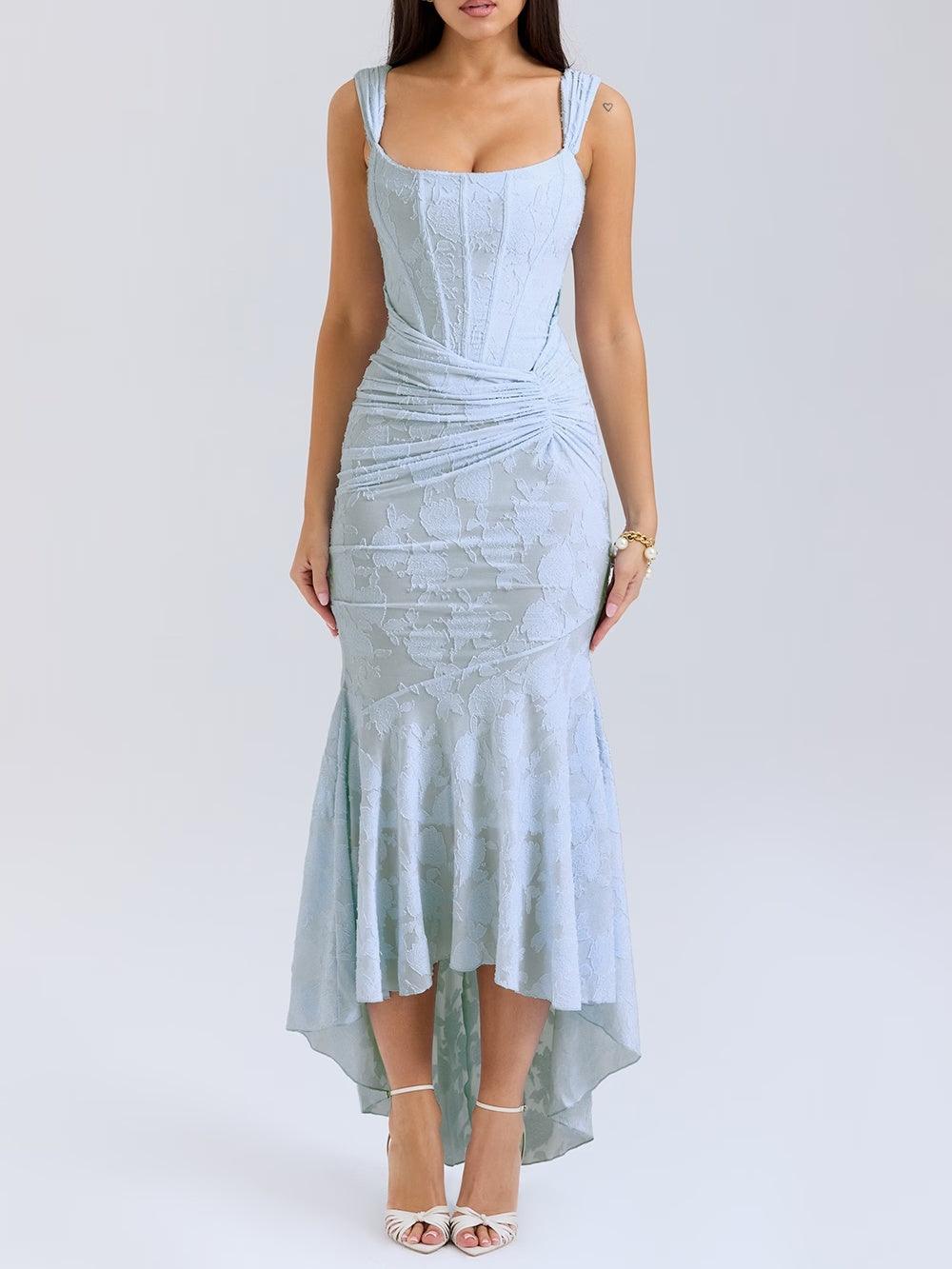 Square Neck Corset Bodice Lace High Low Fishtail Maxi Dress