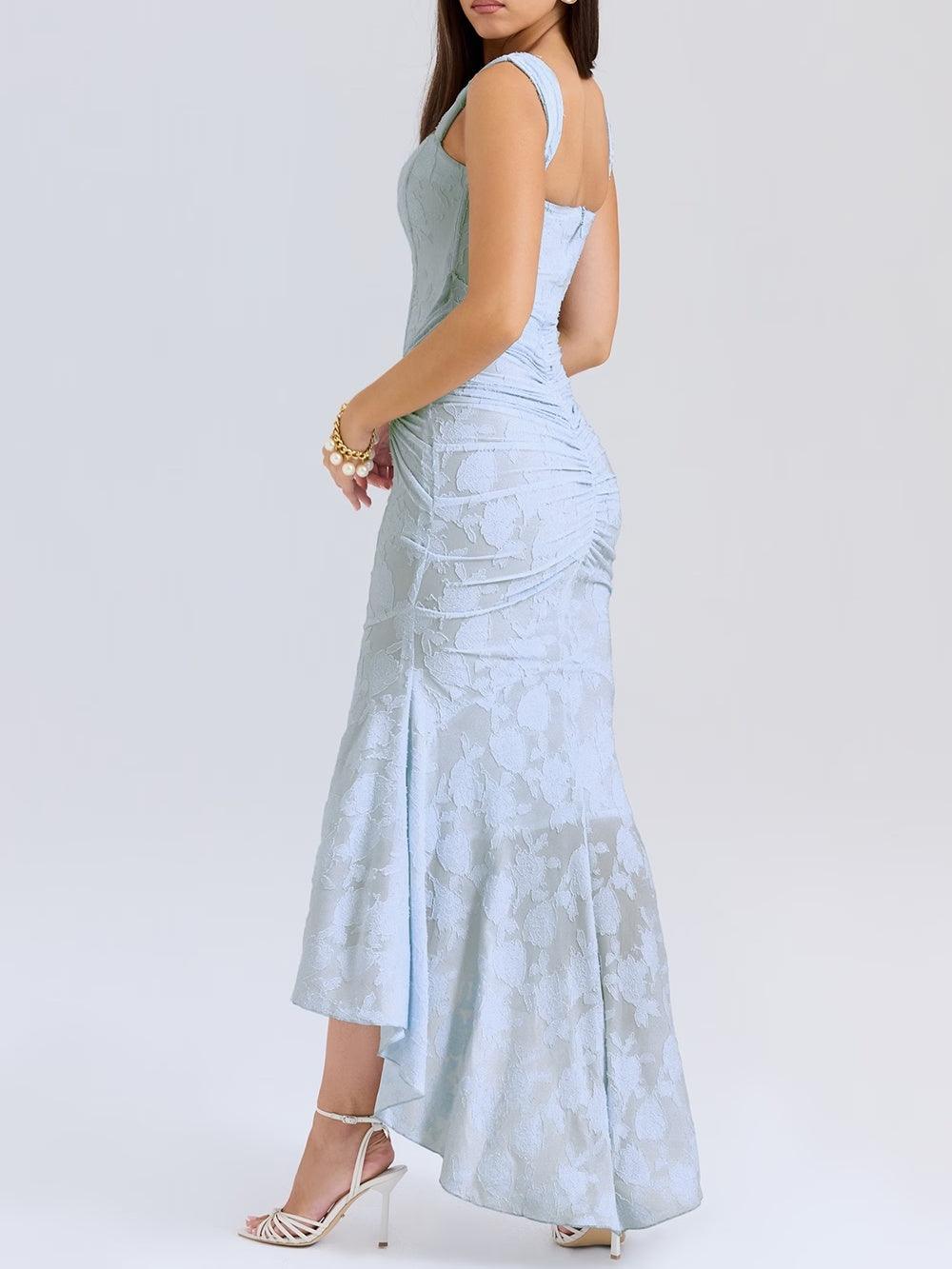 Square Neck Corset Bodice Lace High Low Fishtail Maxi Dress