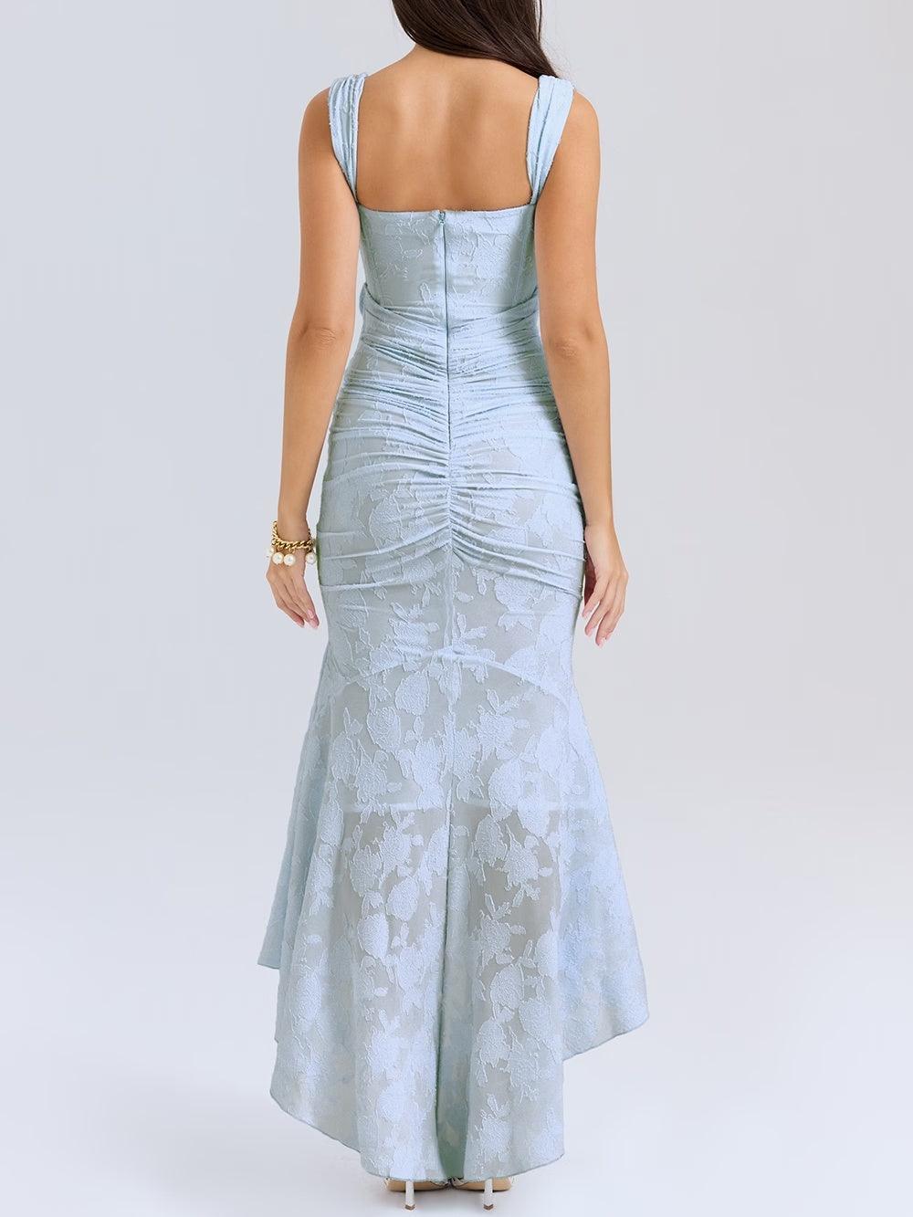Square Neck Corset Bodice Lace High Low Fishtail Maxi Dress