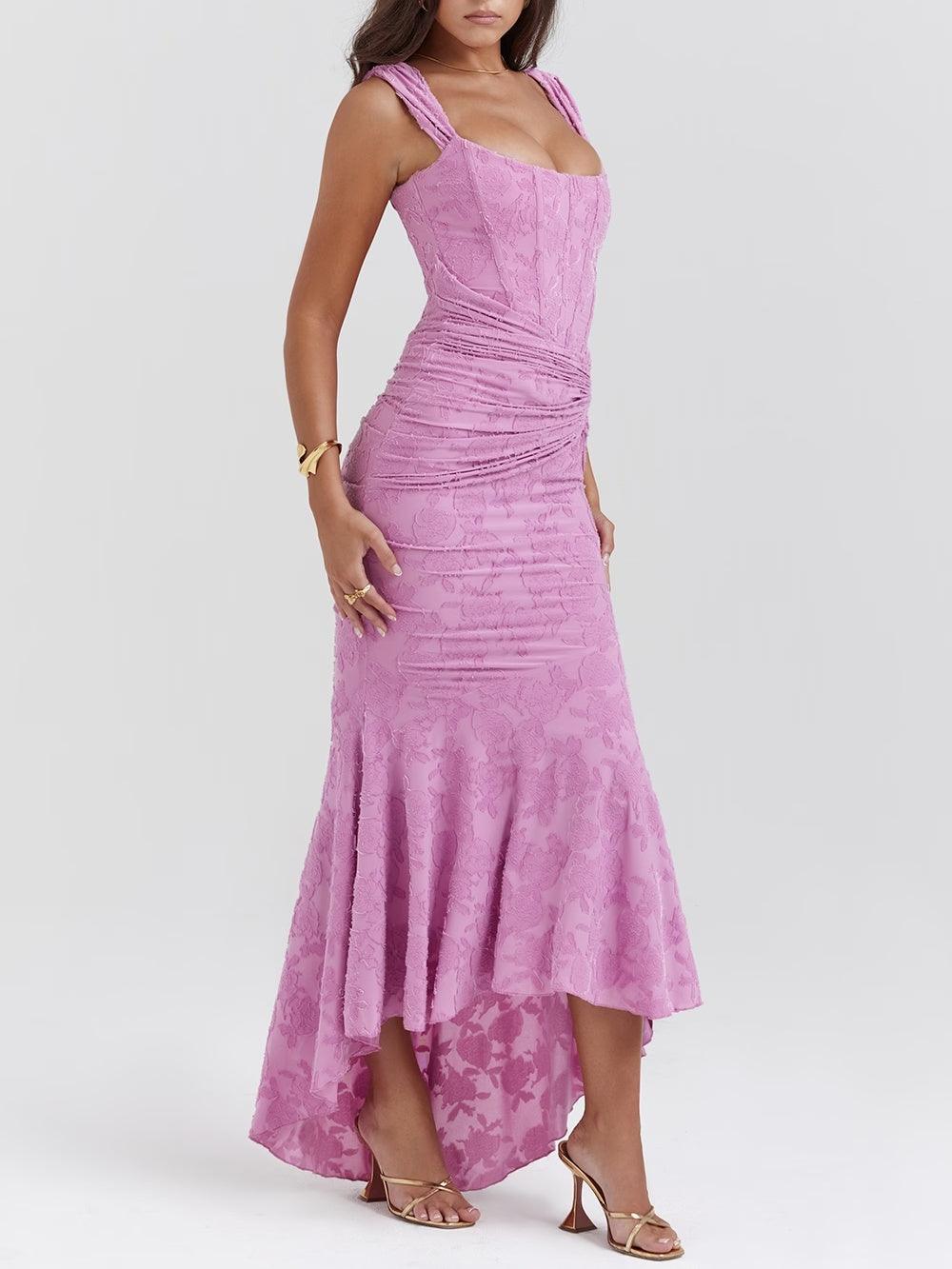 Square Neck Corset Bodice Lace High Low Fishtail Maxi Dress