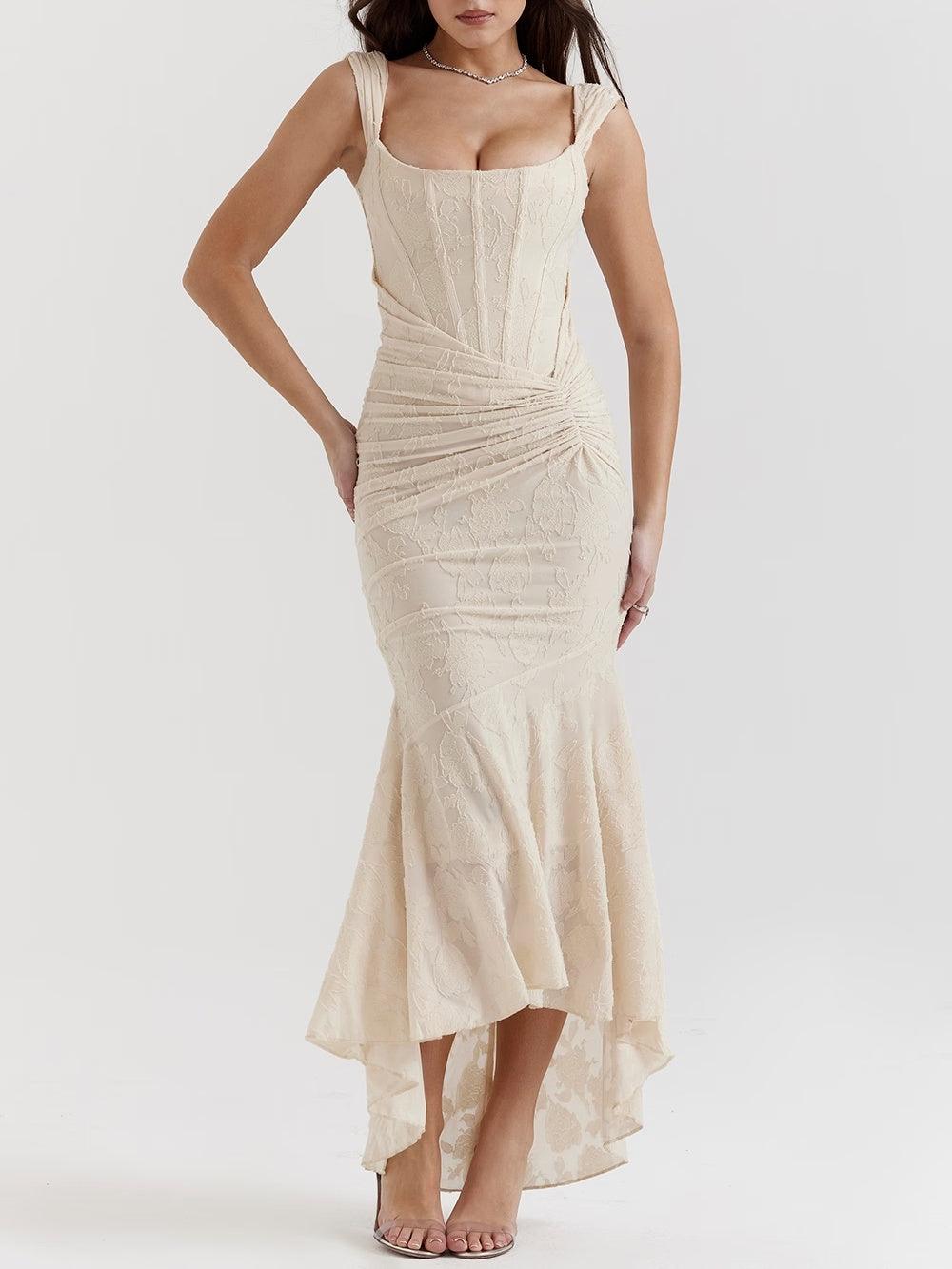 Square Neck Corset Bodice Lace High Low Fishtail Maxi Dress