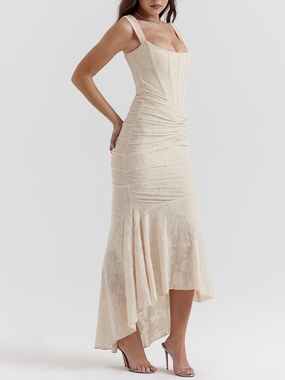 Square Neck Corset Bodice Lace High Low Fishtail Maxi Dress