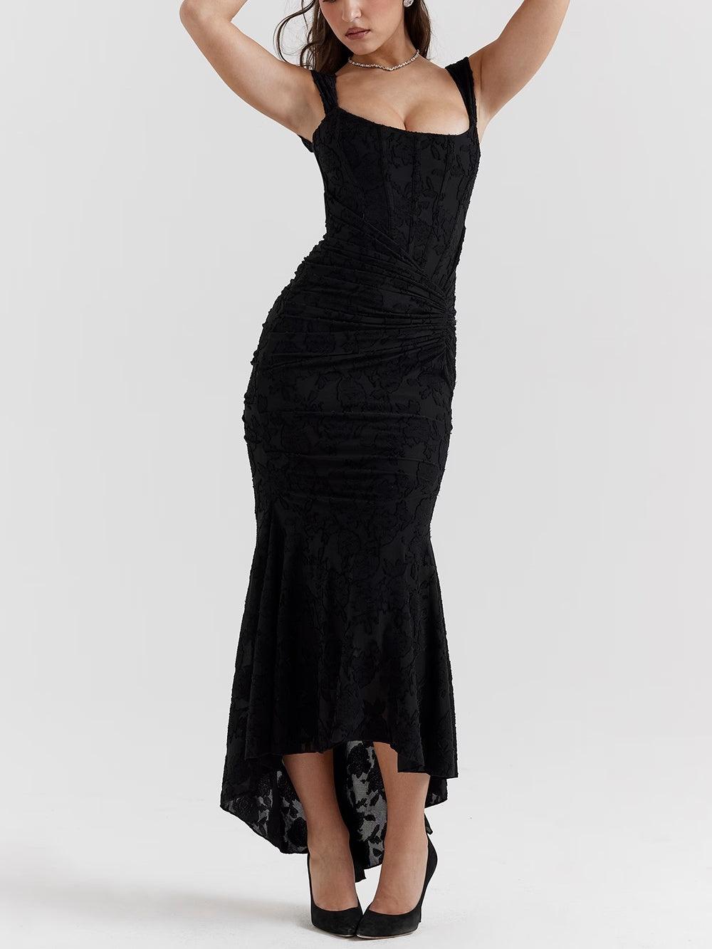 Square Neck Corset Bodice Lace High Low Fishtail Maxi Dress