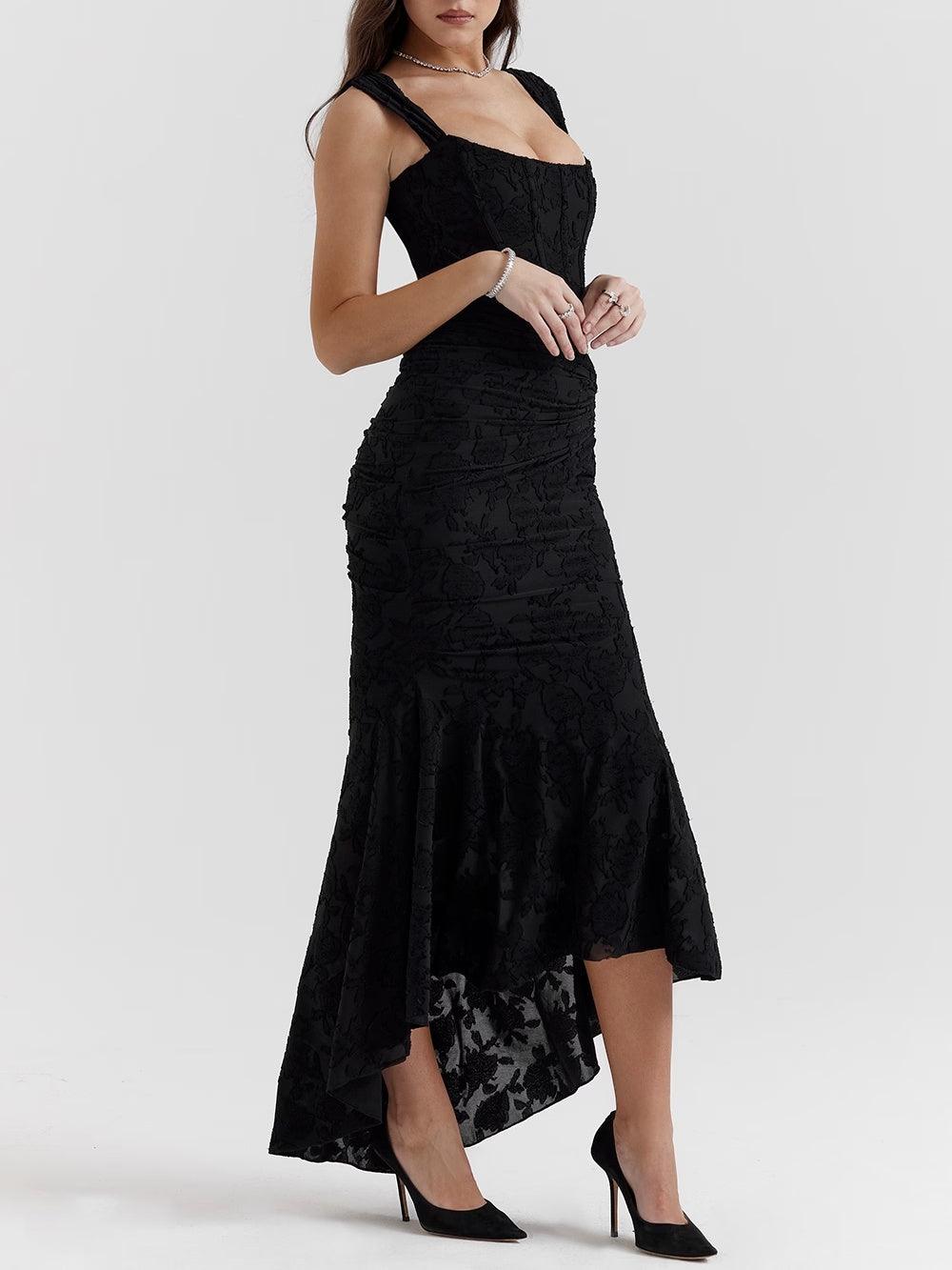Square Neck Corset Bodice Lace High Low Fishtail Maxi Dress